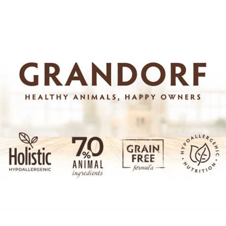 Grandorf pet food brand logo with product features on a blurred Kitchen background