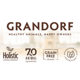Grandorf pet food brand logo with product features on a blurred Kitchen background