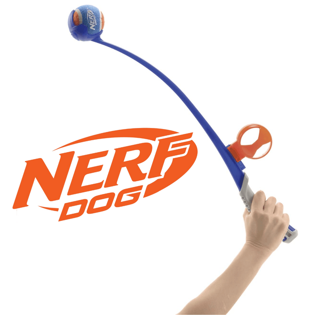 Nerf Dog Launcher with Ball & Ball Clip 25" in someones hand. The Nerf Dog logo is alongside it.