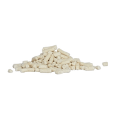 Pile of white cylindrical mealworm suet pellets on a white background
