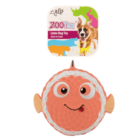 Dog toy shaped like a fish with an AFP Zootex packaging on a white background