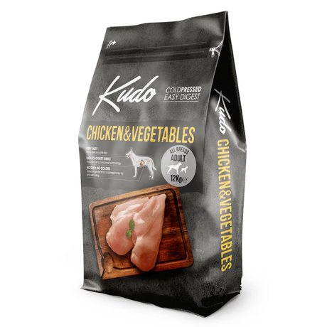 Kudo Chicken & Vegetables 12kg dog food package on a white background