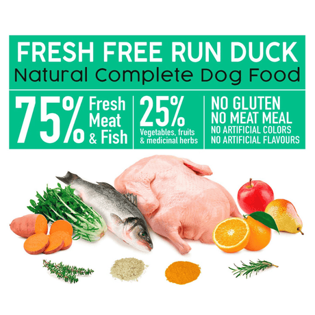 Arquivet fresh free run duck dog food with ingredients and health benefits on a white background.