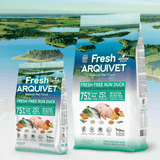 Two bags of Fresh Arquivet natural pet food with a scenic background