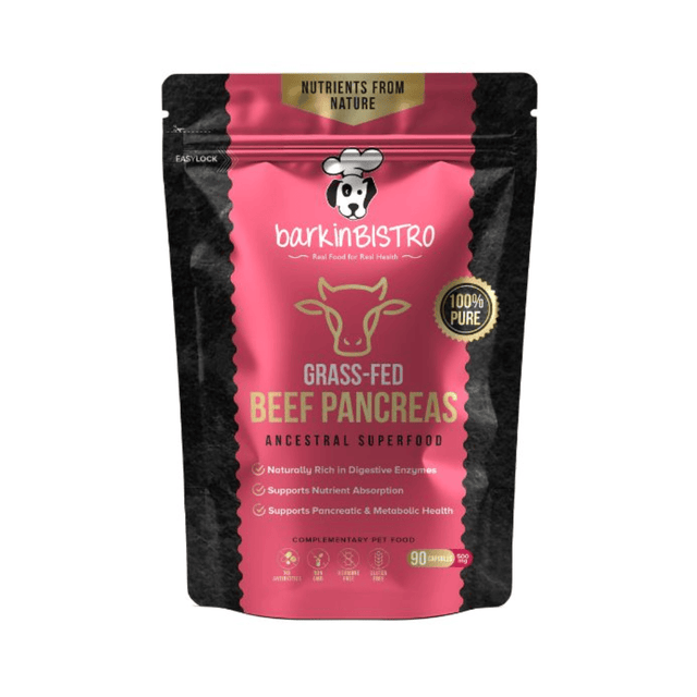 Barkin Bistro grass-fed beef pancreas package on a white background