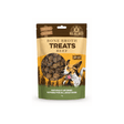 A 70g stand-up pouch of Boil and Broth Bone Broth Treats Beef for adult dogs, featuring a Corgi illustration and a clear window showing the round chopped sausage shaped treats inside.