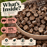 A promotional product graphic for boil and broth bone broth dog treats showing a bowl filled with the treats. Large text reads 'What's Inside?' and 'Small Treats Big Goodness,' with callouts stating '60% Pork' and '10% Pork Bone Broth'