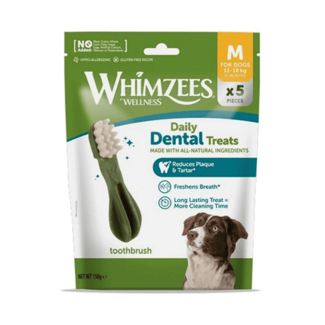 Whimzees Wellness Daily Dental Treats for dogs in a green and white resealable pouch, featuring a toothbrush graphic and a brown and white dog photo, with 'M' size indicated for dogs 12-30 kg.