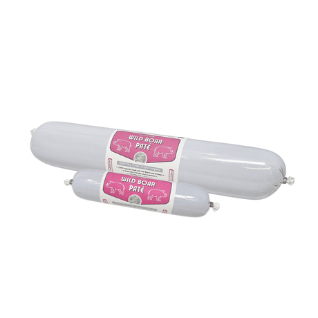 Two packages of Atlas and Tail Wild Boar Pate with pink labels on a white background. 200 and 800g packages
