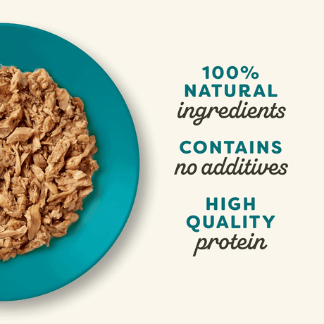 A teal plate filled with Applaws cat food on a light cream background, with text reading '100% Natural ingredients', 'Contains no additives', and 'High Quality protein'.
