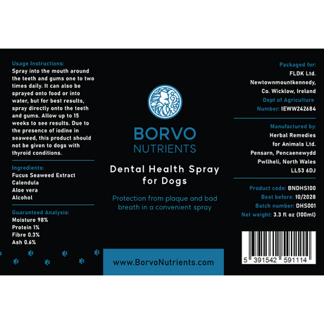 Label of the Borvo Nutrients Dental Health Spray 100ml
