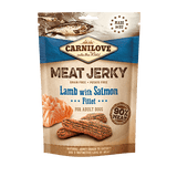Carnilove Lamb with Salmon jerky dog treats. The packaging is against a white background.