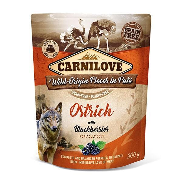 Carnilove Ostrich with Blackberries 300g wet dog food pouch against a white background