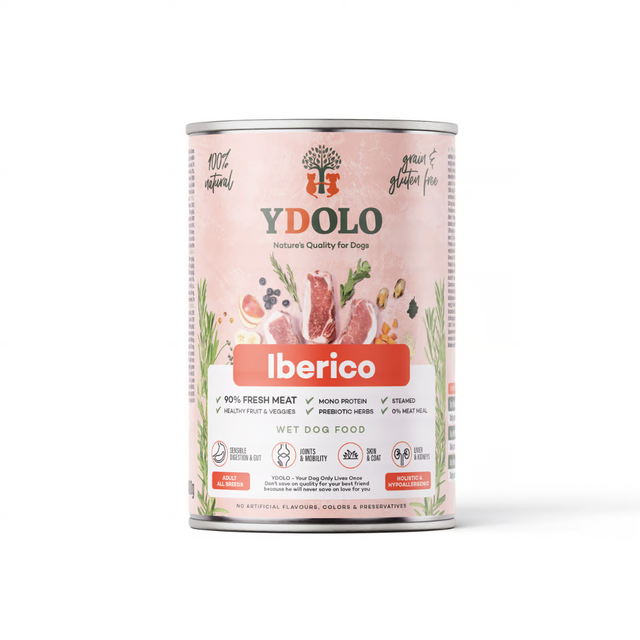 YDOLO Iberico Wet Food 400g tin against a white background.