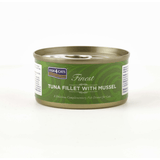 The Fish 4 Cats Tuna with Green Lipped Mussel 70g tin. The tin is against a white background.
