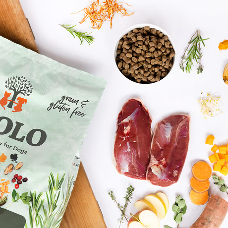 A top down view of a bowl of Ydolo Semi Most cold pressed kibble in a bowl, a section of it's bag and the raw ingredients used to make the food including duck, sweet potato and apple.