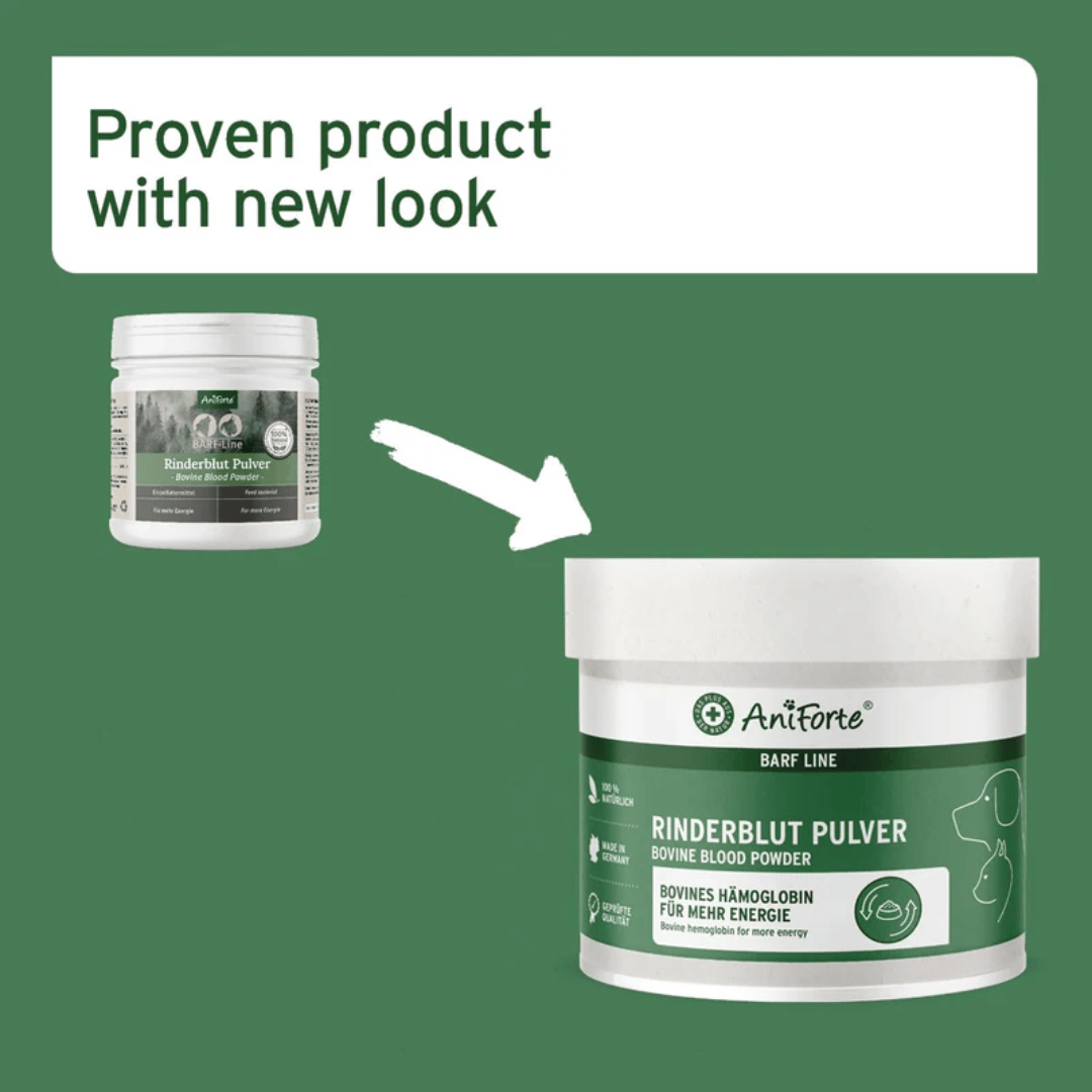 The old and current packaging for  Aniforte Bovine Blood Powder 250g