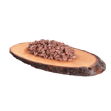 Carnilove Trout with Echinacea cat food, served on a wooden slate. Small chunks in a delicious broth