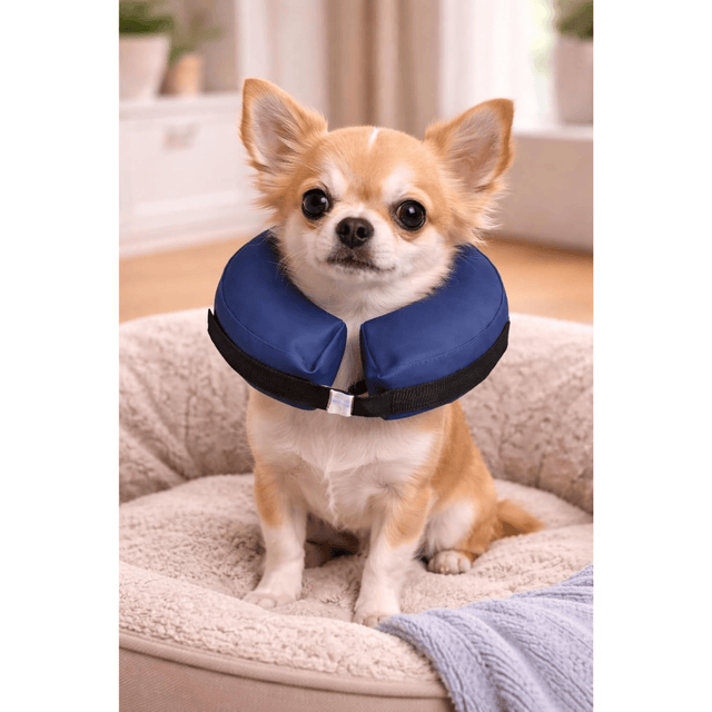 Small dog wearing a blue and black inflatable collar on a soft surface.