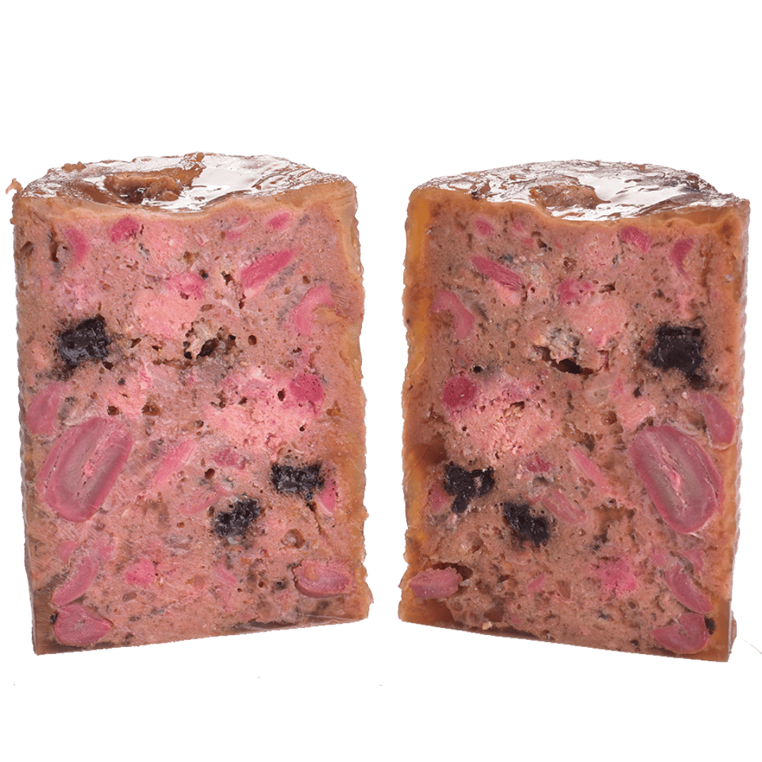 Carnilove Salmon and turkey wet dog food removed from the tin and cut in half to show it's profile. You can see many different textures and ingredients including fruit