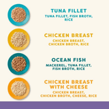 Ingredients in each flavour of the Applaws wet cat food tins Supreme Selection multipack. Images of each flavour on a plate beside the lists.