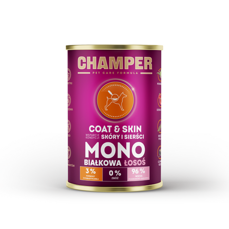 Champer Skin and Coat Salmon wet dog food.