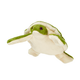The Fluff & Tuff Esmerelda Turtle Plush Dog Toy against a white background. It is green in colour with black and orange stitching for eyes to mimic those of turtles. The underside of the shell and legs are beige.