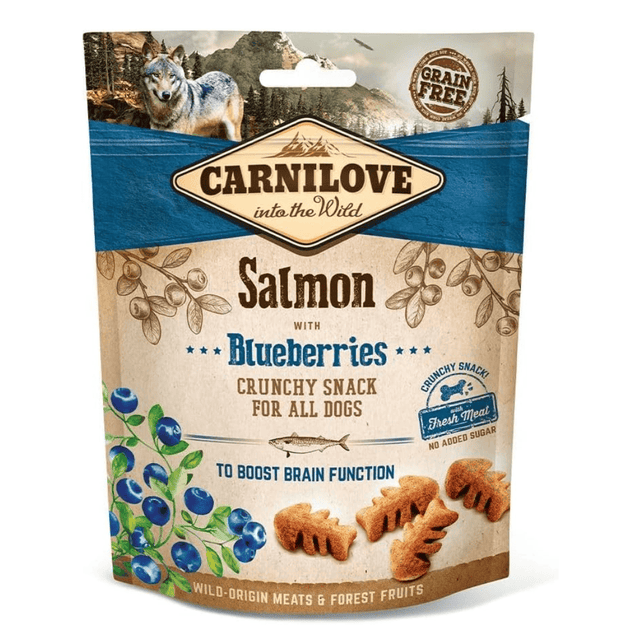 Carnilove Salmon with Blueberries Crunchy Dog Treats. The packet is against a white background.