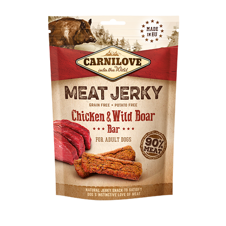 Carnilove Chicken & Wild Boar Jerky Dog Treats. The package is against a white background.