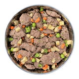 Chunky pieces of horse meat & vegetables from cooked horse menu jar.