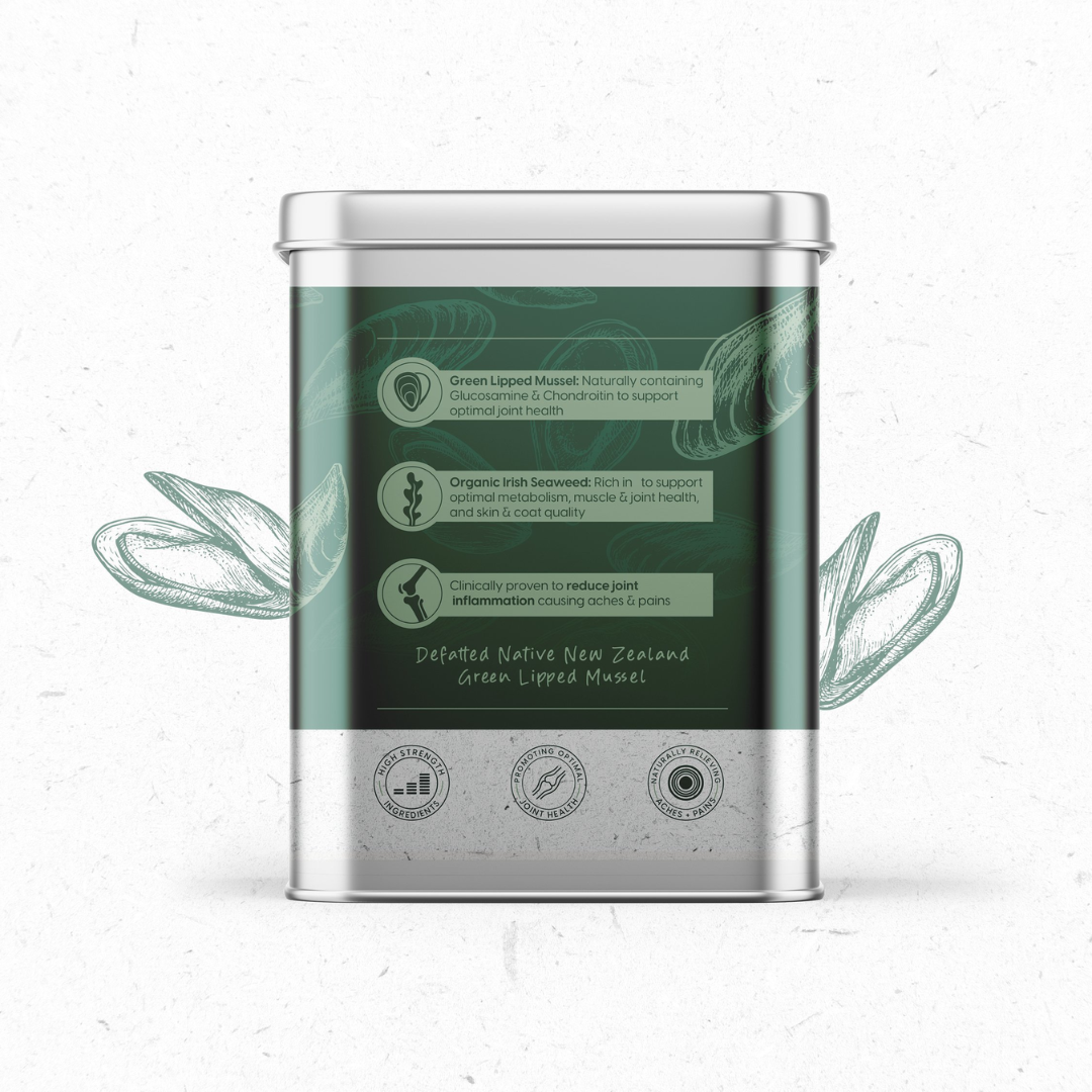 Side of a tin of Natural Vet Co Green Lipped Mussel and Organic Seaweed Blend for pets, showing bullet point benefits.