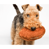 A black and brown dog holding the Fluff & Tuff Football Plush Dog Toy in their mouth. The dog is against a white background. It is brown in colour and white stitching to mimic that of a football. 