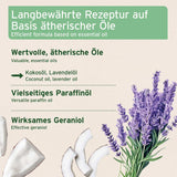 German promotional graphic for a recipe based on essential oils, featuring a green header, text listing coconut oil, lavender oil, versatile paraffin oil, and effective geraniol, with illustrations of lavender flowers, coconut halves, and white wax pucks on a light beige background.
