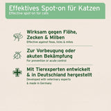 German product information graphic for a cat spot-on treatment, with a green header reading 'Effektives Spot-on für Katzen' and three bullet points listing benefits: effective against fleas, ticks, and mites; prevention or acute control; developed with veterinary experts and made in Germany.
