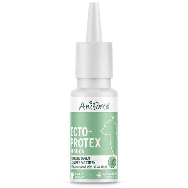 A bottle of AniForte Ektoprotex Spot-on veterinary treatment with a white cap and a light green label, shown on a plain white background.