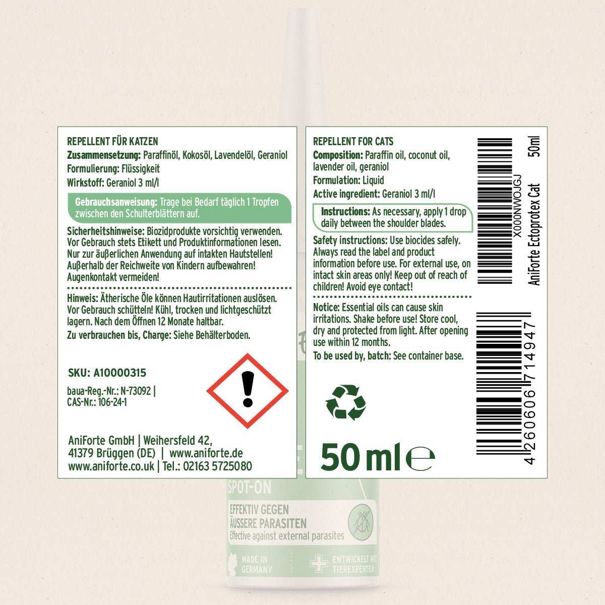 Back of a 50ml can of Aniforte ectoprotek cat repellent, showing product information, instructions, barcode, and recycling symbols on a light beige background.