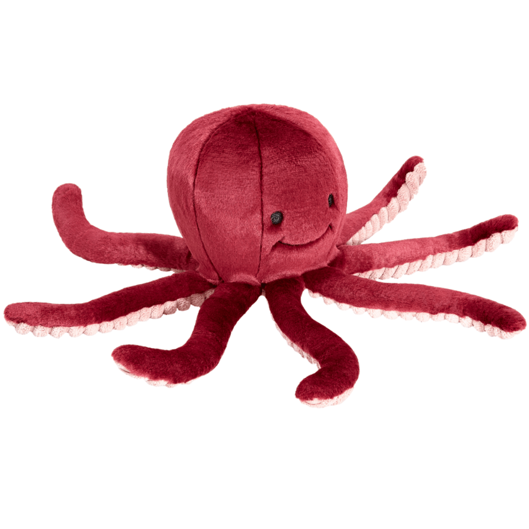 Fluff & Tuff Olympia Octopus Plush Dog Toy against a white background. Toy is a berry colour with a textured beige underside of the tentacles. 