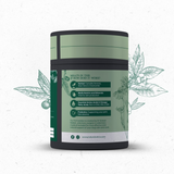 The side of a tub of Natural Vet Co Skin and Coat Biscuits for Dogs with foliage drawn in the background.