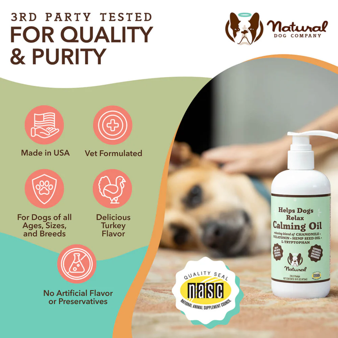 Some key benefits of the Bottle of Natural Dog Company Calming Oil.
