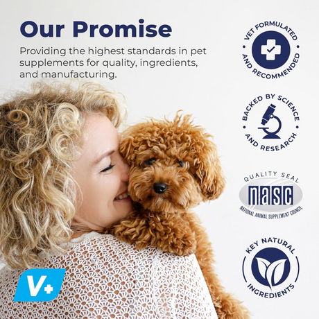 Woman hugging a small red dog with icons and text saying "Vet formulated, backed by science, nasc quality seal and key natural ingredients."