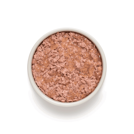 Top-down view of wet Grandorf Dog  food in a round white ceramic bowl on a clean white background.