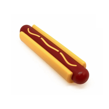 The Sodapup Hot Dog Chew Toy on a white background