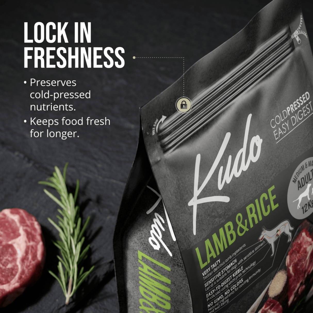 Kudo Lamb & Rice pet food package with text about lock-in freshness on a dark background.